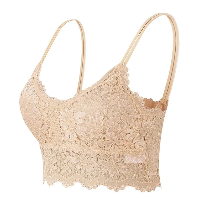 Bralette en dentelle florale pour femme, sans armatures, style tube top, à fines bretelles doubles, lingerie sexy, avec coussinets amovibles et bord festonné, haut court, sous-vêtement