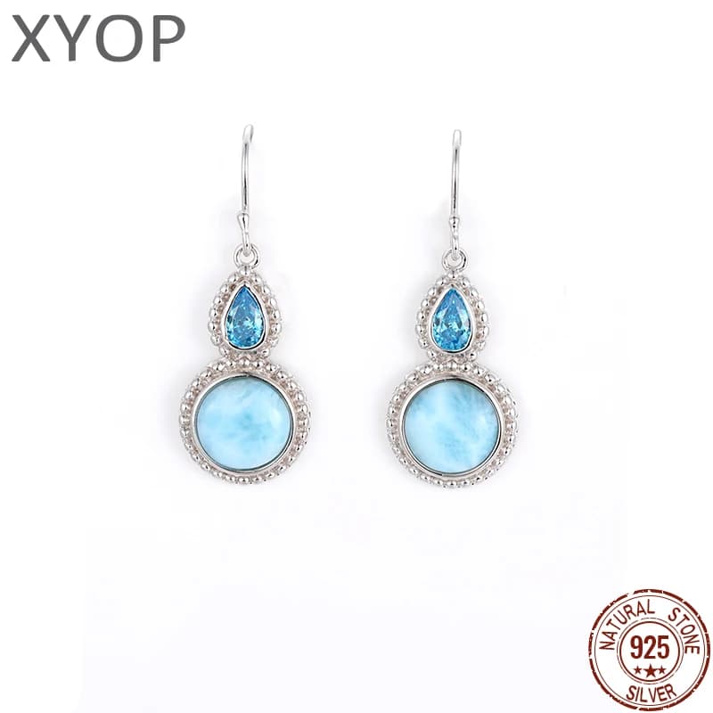 Boucles d'oreilles Larimar pour femmes, bijoux en argent Sterling 925, breloque ronde géométrique, en cristal topaze, cadeau classique