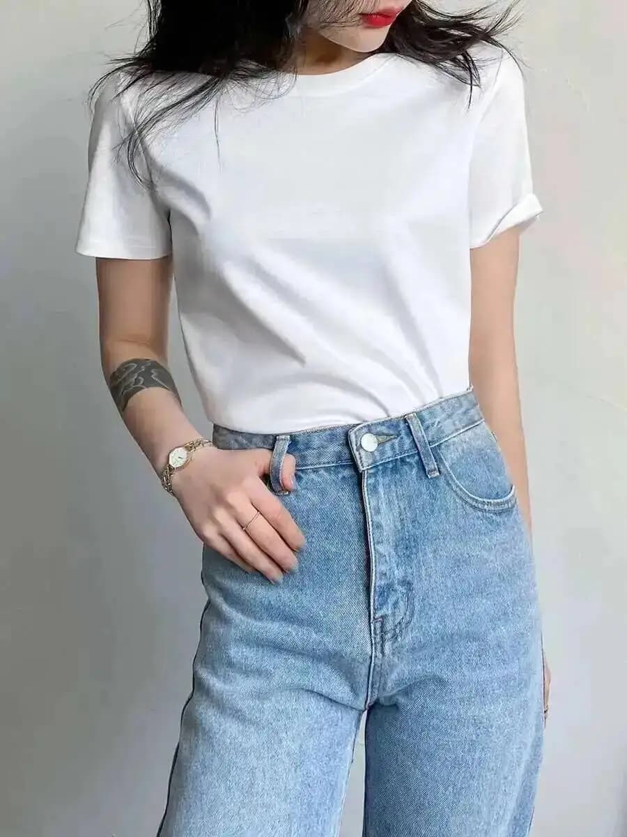 T-Shirt à Manches Courtes et Col Rond pour Femme, Vêtement en Coton Doux, Mûrier, Solide, Document, Été, Haute Qualité, 2022