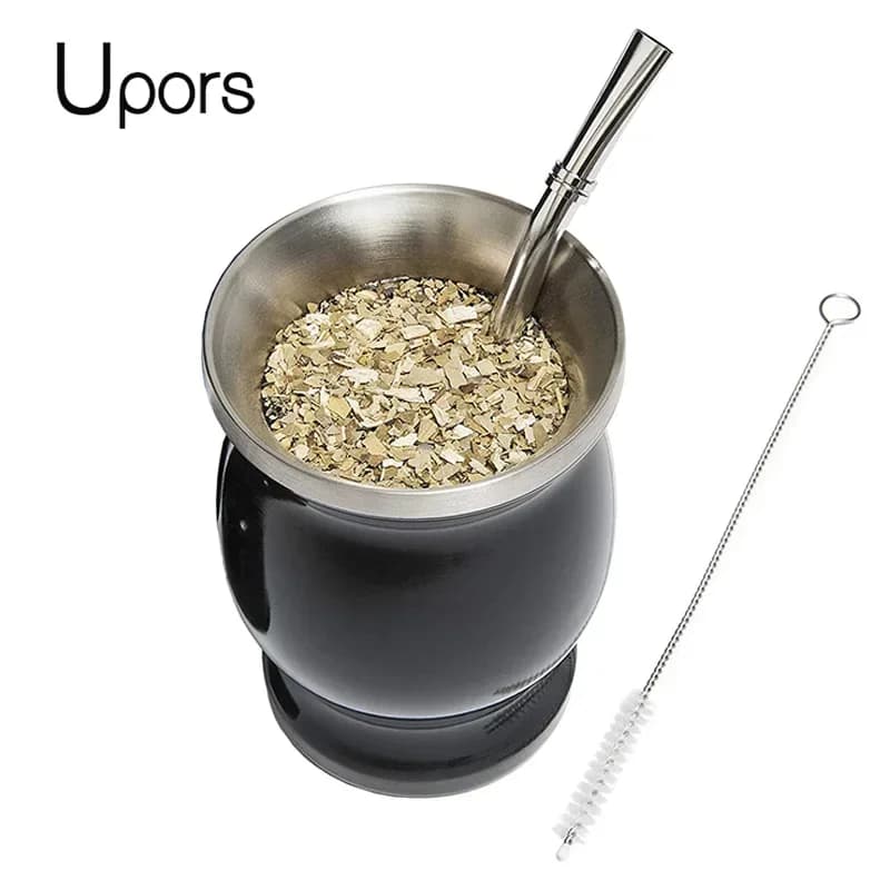 UPORS – Tasse pour thé Mate Yerba, accessoire en acier inoxydable 304, avec double paroi, contenance 8 oz, pour préparation des thés argentins, avec paille, livré avec brosse de nettoyage