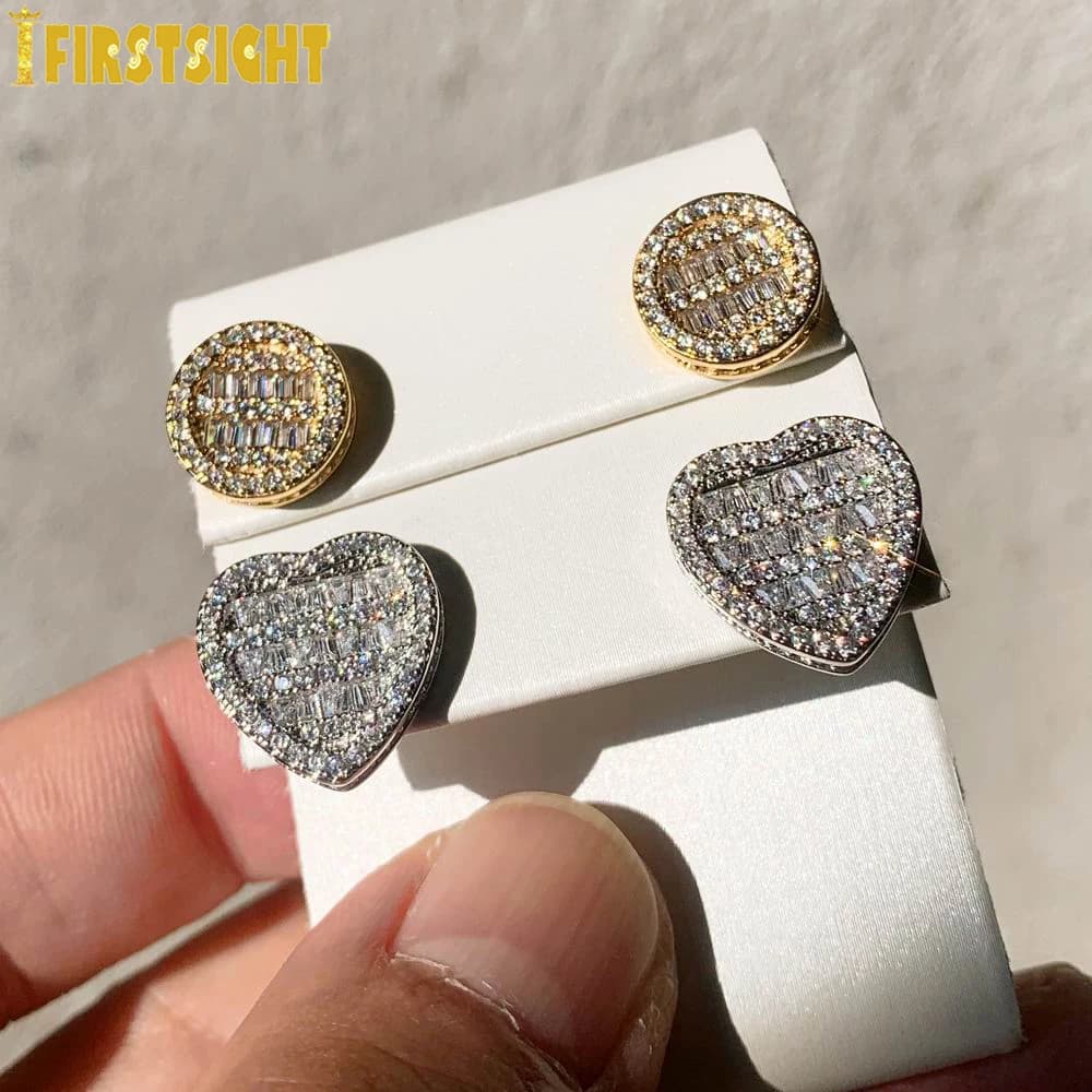 Iced Out Bling Micro Pave CZ pour hommes et femmes, 5A Cubic Coina contre-indiqué, boucle d'oreille ronde en forme de cœur, vis arrière, bijoux Hip Hop, nouveau