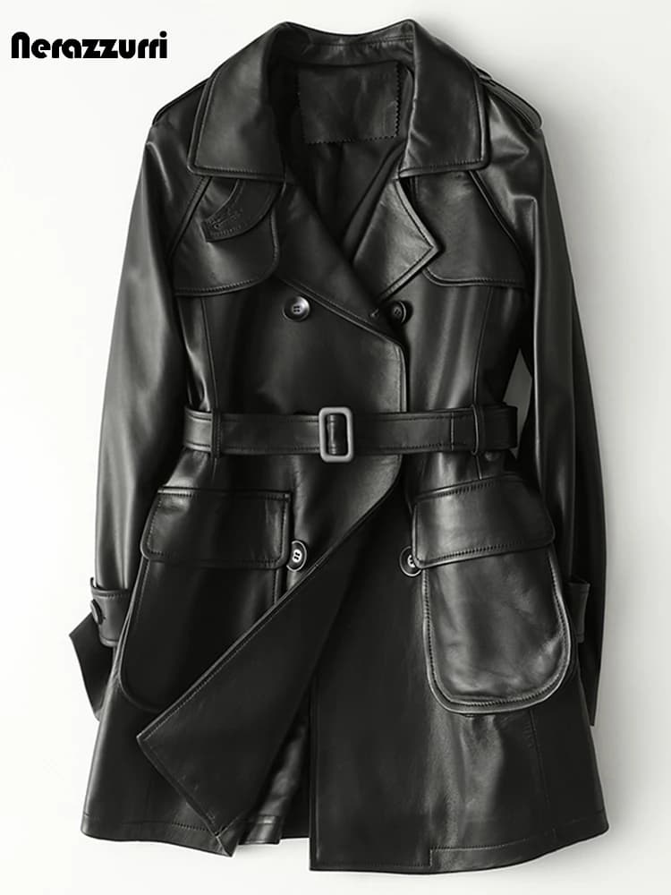 Nerazzurri Veste en cuir noir pour femme, manches Leurs lan, ceinture, double boutonnage, simili cuir, vestes cargo, 5xl, 6xl, 7xl, printemps, automne
