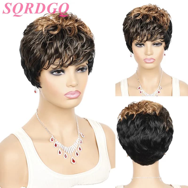 SQRDGQ – perruques synthétiques courtes pour femmes, perruque ondulée naturelle noire et marron, coupe Pixie, bouclée, avec frange