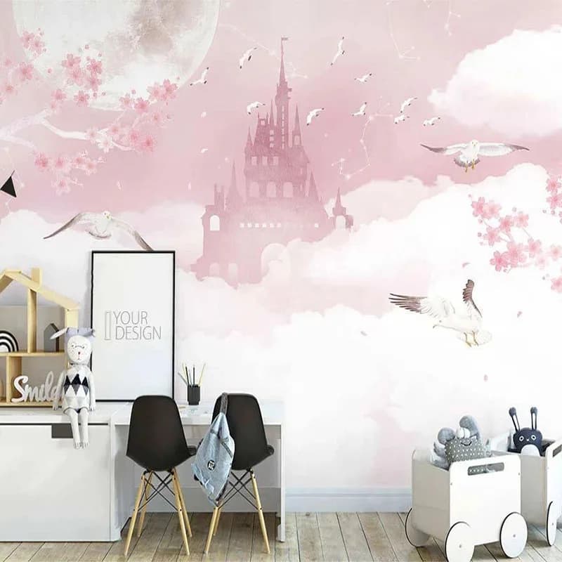 Papier Peint Mural Nordique Ins Personnalisé de Toute Taille, Peint à la Main, Nuages Roses, Château Mignon, Fleurs, Fond de Chambre d'Enfant