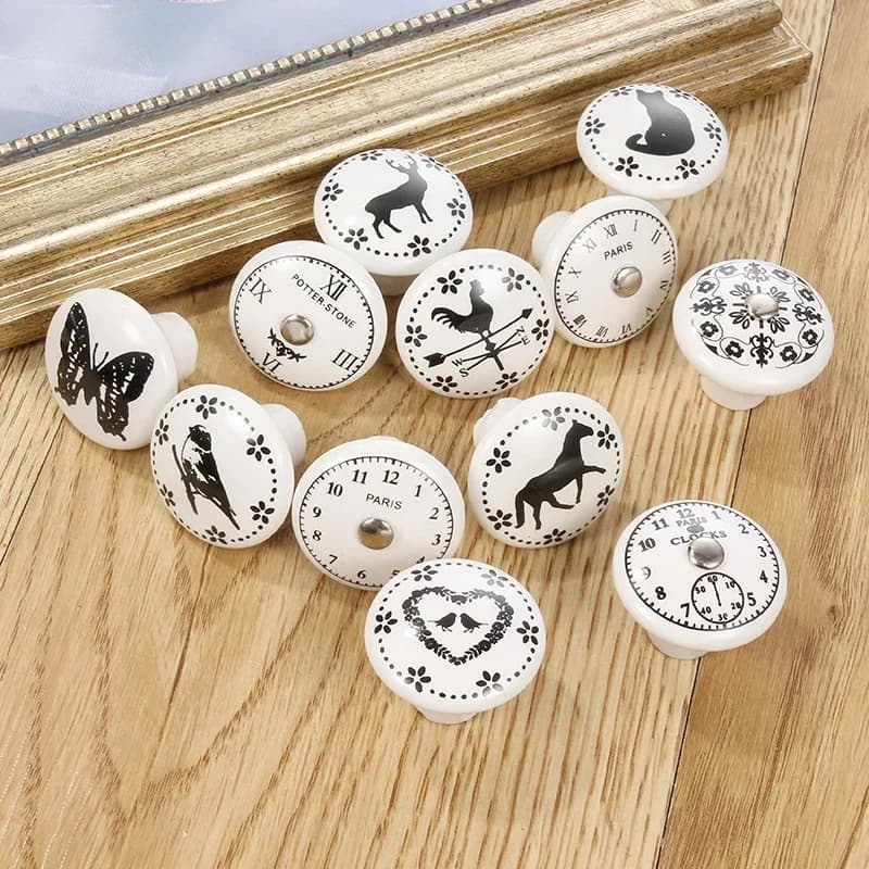 Boutons et poignées de porte en céramique à impression blanche, boutons de tiroir de meubles, poignées de porte de placard, poignées d'armoire à trou unique avec vis