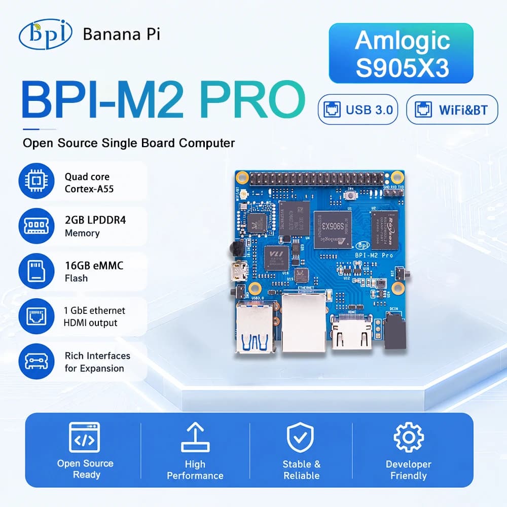 Banana PI BPI-M2 Pro – carte de démonstration, Amlogic S905X3 Quad core Cortex-A55 Mali-G31, 2 go LPDDR4 16 go eMMC avec WiFi BT SBC, simple carte