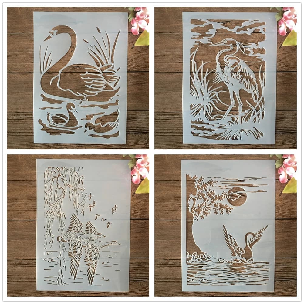 4 pièces A4 29cm cygne canard sauvage lac bricolage couches pochoirs peinture murale Scrapbook coloriage gaufrage Album modèle décoratif