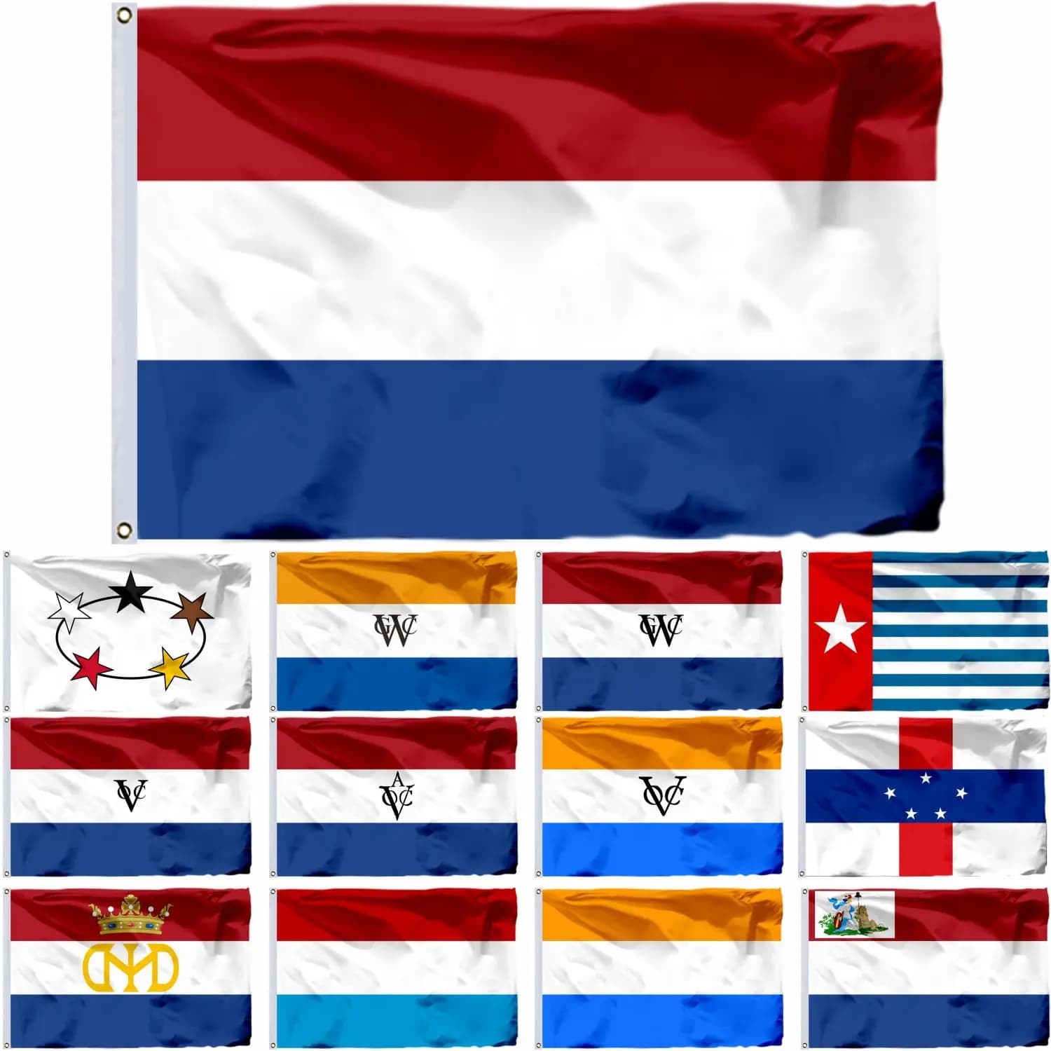 Drapeaux historiques néerlandais de la Compagnie des Indes et du Royaume des Indes néerlandaises, drapeau de la Nouvelle-Guinée, bannière des Antilles néerlandaises
