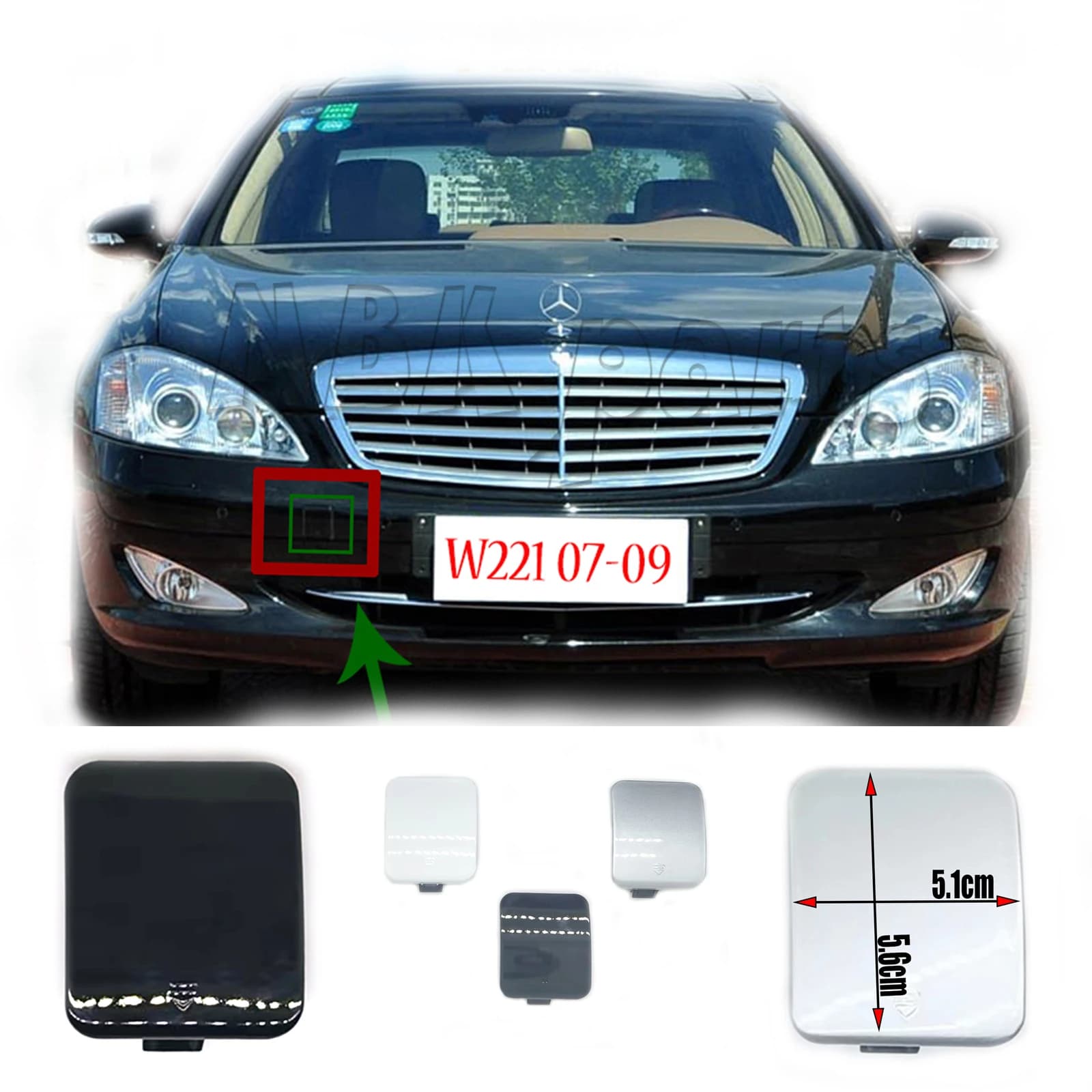 Couvercle de remorquage avant A2218850223, Mercedes-Benz Classe S, W221, 280, 320, 400, 430, 500, 55, 63, 65 Jas, 07-09