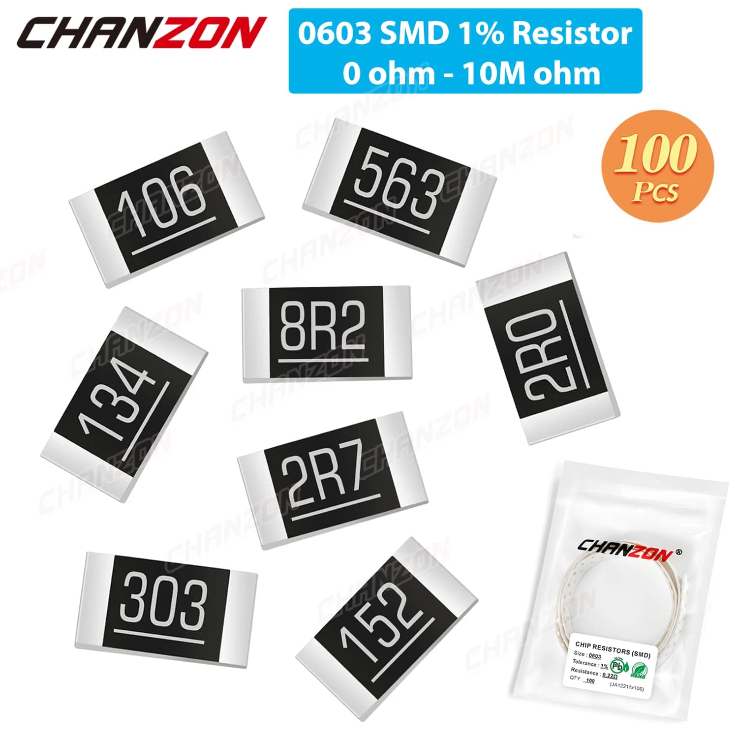 Résistances SMD 0603, 100 pièces, 0ohm - 10M Ohm, 1/10 Watt, puce de film de haute précision 1%, vos partenaires, 1K, 2.2K, 10K, 300K, 220K, 4R7, 2K2
