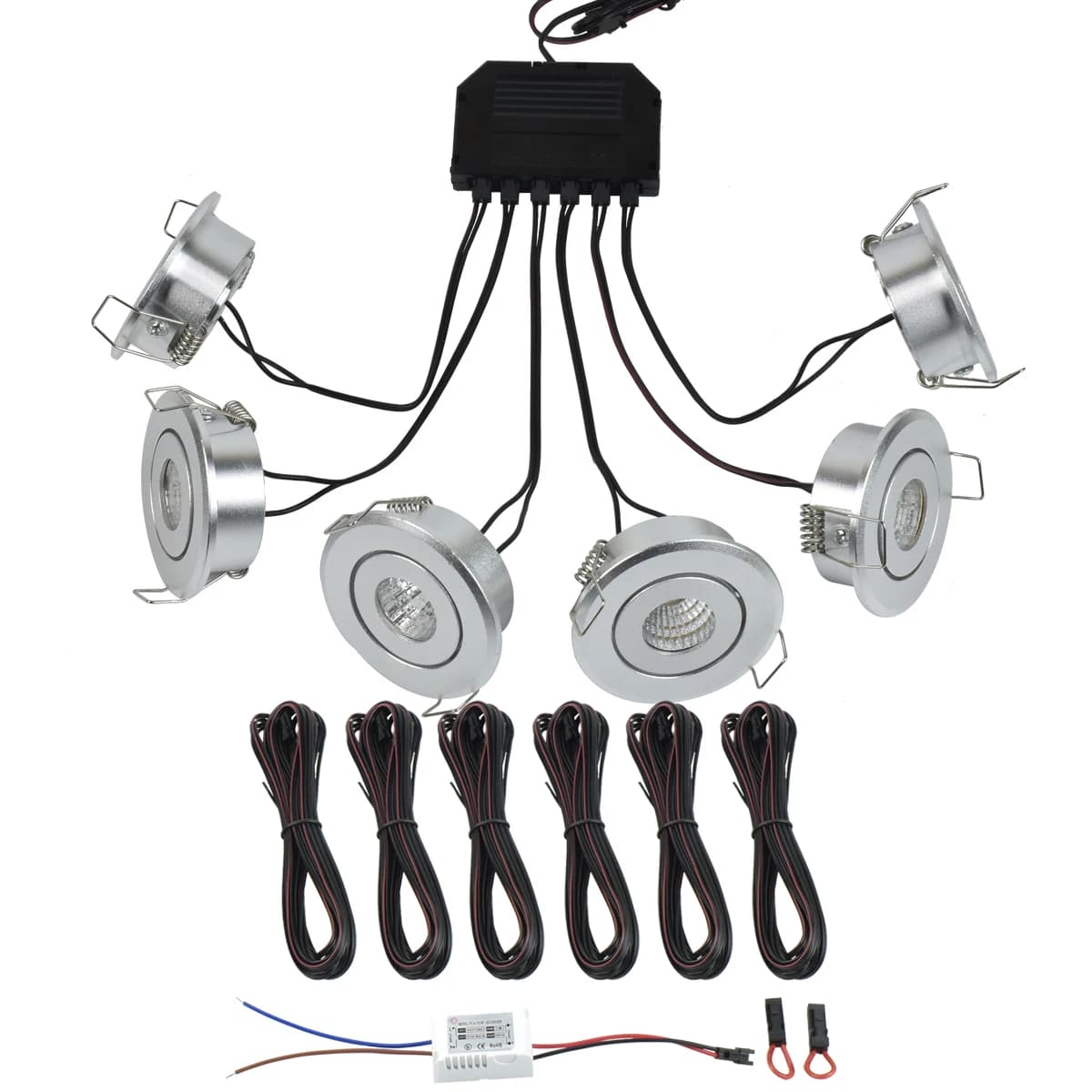 Kit de spots LED encastrables mini 3W x 6 COB, dimmables avec télécommande, pour plafond, trou de 40mm, cordon long 6x4m, éclairage de meuble