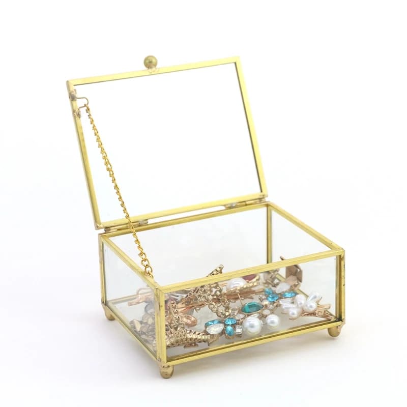 Boîte à matiques rectangulaire en verre doré transparent rétro, bijoux géométriques de mariage, boîte décorative pour l'évaluation à la maison, bibelot de rangement