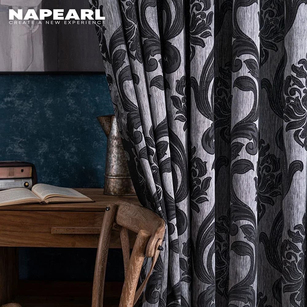 NAPEARL luxe motif européen rideaux pour chambre salon traitements de fenêtre Jacquard Semi occultant rideau noir