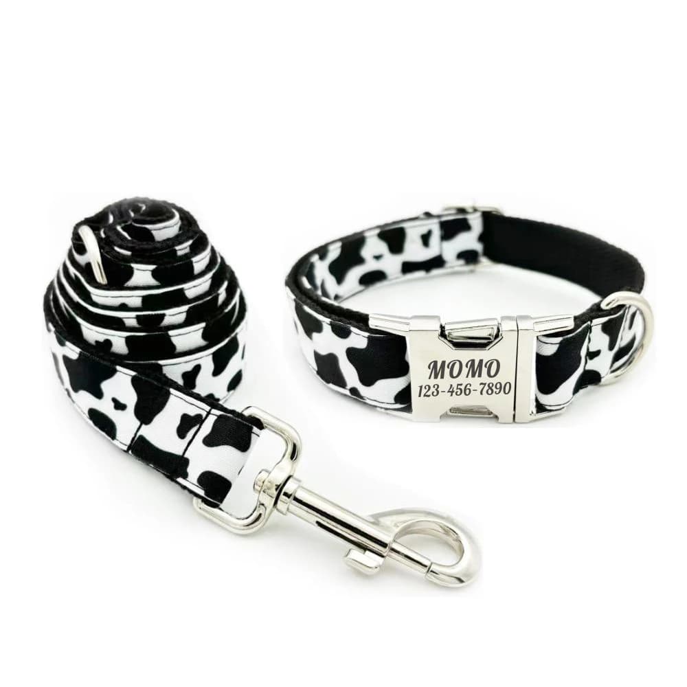 Collier personnalisé pour animaux de compagnie avec motif de vache, étiquette d'identification de chiot personnalisée, accessoire de chat réglable, colliers de chien de base noirs et blancs, laisse