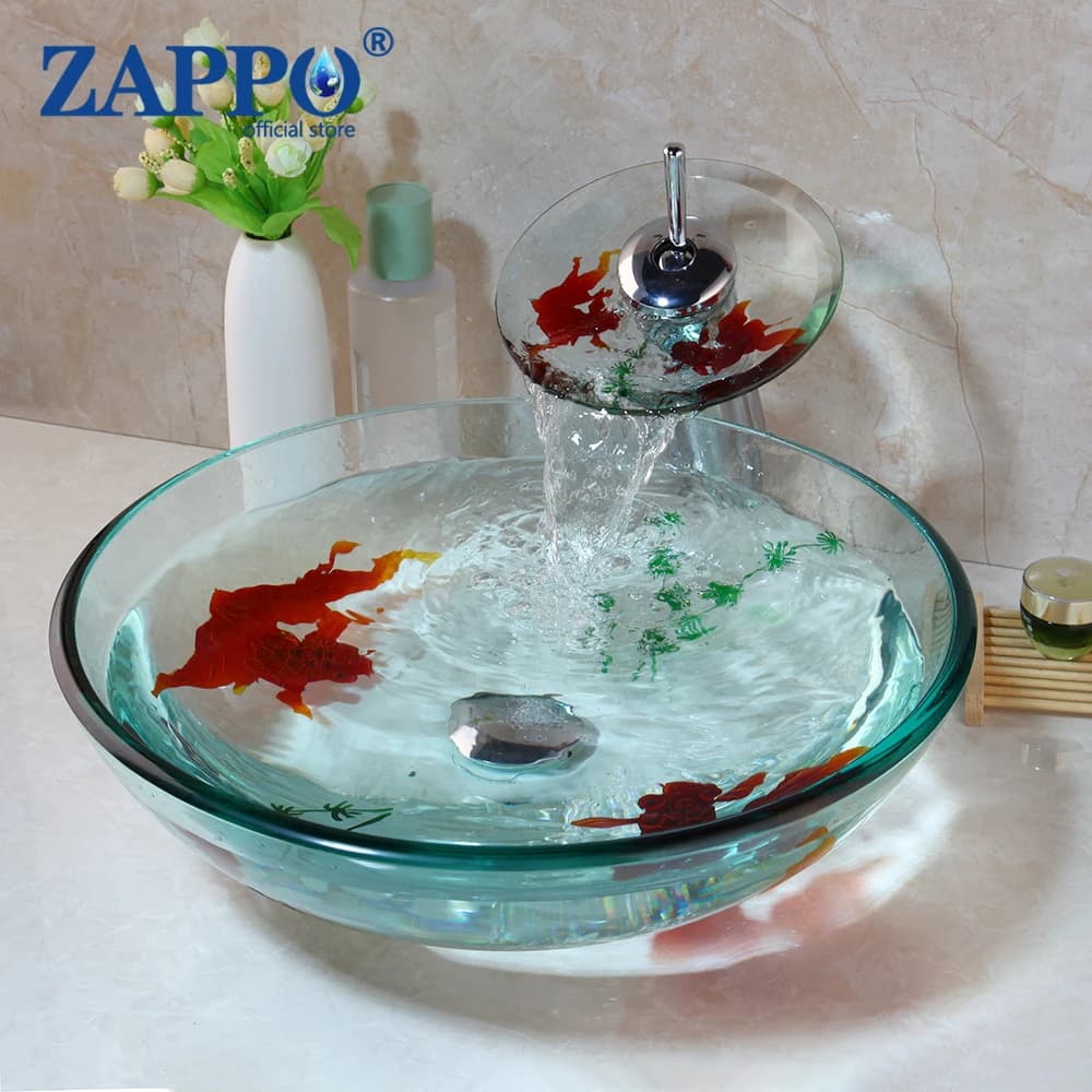 ZAPbagHOArt-Bassin en verre du Guatemala, bol d'évier avec cascade, éviers ronds de centre commercial, poisson d'or, vanité de navire