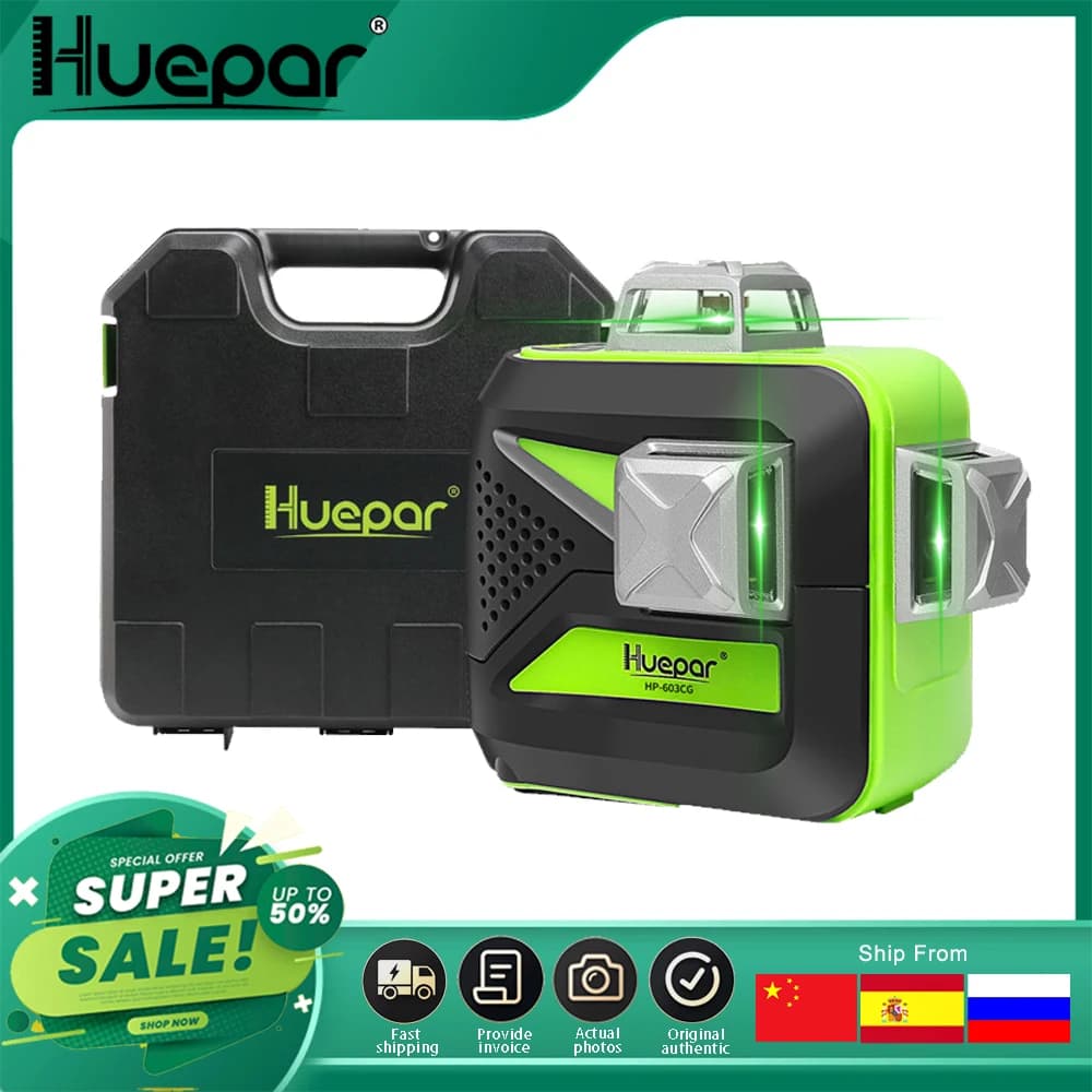 Huepar 12 lignes 3D niveau Laser lignes transversales auto-nivelant 360 faisceau vert Vertical et horizontal avec étui de transport rigide Kit d'outils Laser