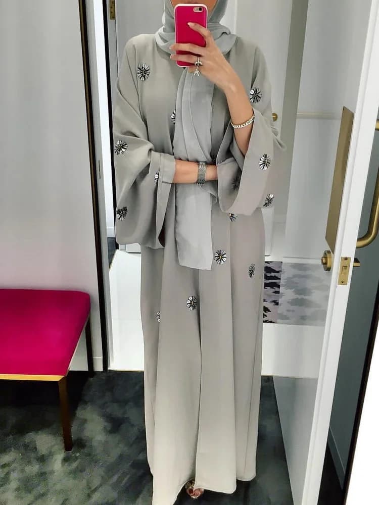 Robe longue à lacets pour femmes musulmanes, vêtements islamiques turcs, Abaya ouverte, Robes maxi florales perlées, Dubaï, Arabe, Islam, Ramadan, Kaftan