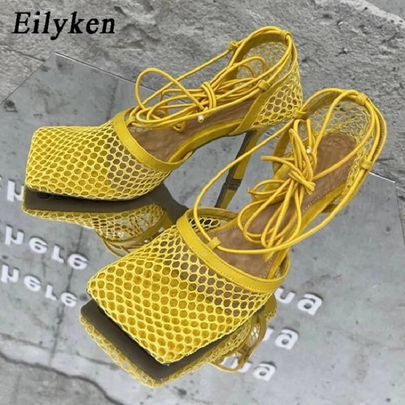 Eilyken Sexy maille pompes sandales femme bout carré talon haut à lacets croisé Stiletto creux robe chaussures Zapatos Mujer