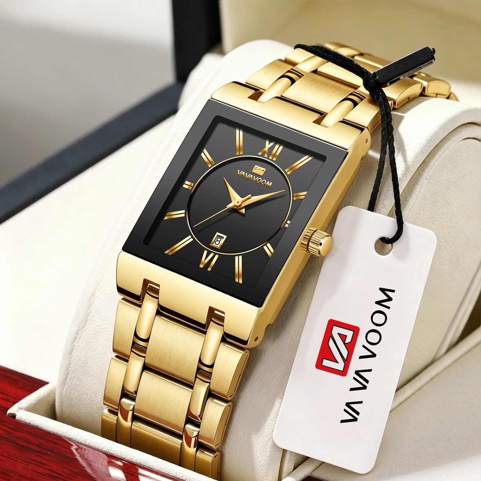 VA VA VOOM-Montre-bracelet carrée en acier inoxydable pour homme, quartz doré, étanche, marque supérieure, luxe