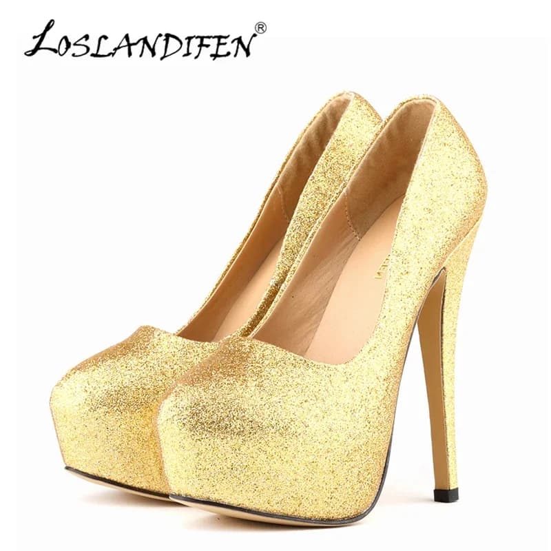 LOSLANDIFEN-Escarpins Sexy à Talons Ultra Hauts pour Femme, Chaussures Dorées à Paillettes, Plateforme de 14cm, Parker Rond, ixde Mariage pour Femme, 817-1Gitter