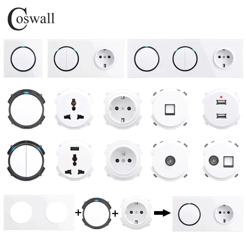 COSWALL – interrupteur mural avec panneau en verre blanc, R11, prises européennes et françaises, chargeur USB femelle, TV RJ45 CAT6, Modules, bricolage, combinaison gratuite
