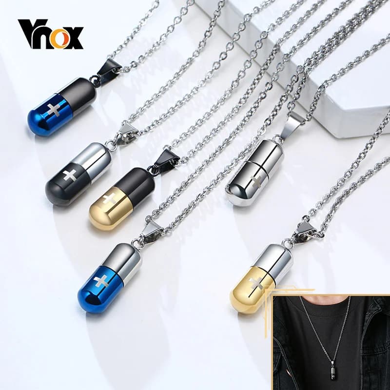 Vnox – collier de pilules creuses pour hommes et femmes, croix gravée, pendentif d'urne de crémation, porte-parfum, flacon de cendres, bijoux commémoratifs souvenir