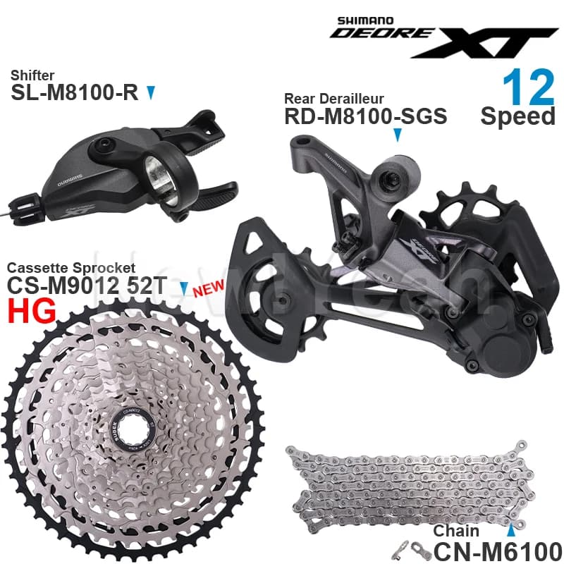 Groupe Shimano Deore XT 12 vitesses avec levier de vitesses M8100, dérailleur arrière CN-M6100, chaîne d'origine et cassette 11-50T/52T