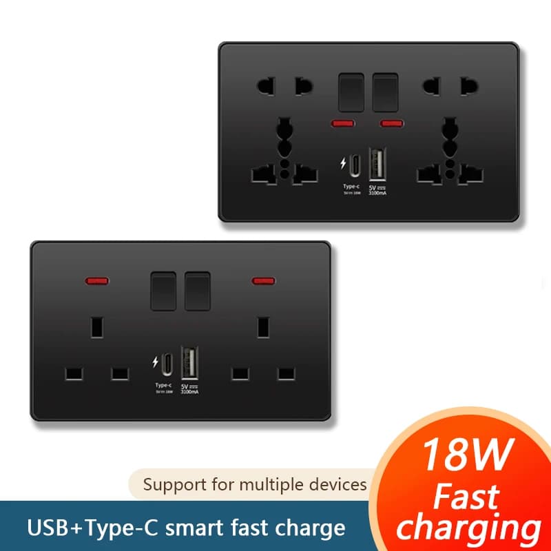 Prise murale 220V 18W à chargement rapide Type C, prise britannique noire 13A, panneau de prise murale électrique avec chargeur USB