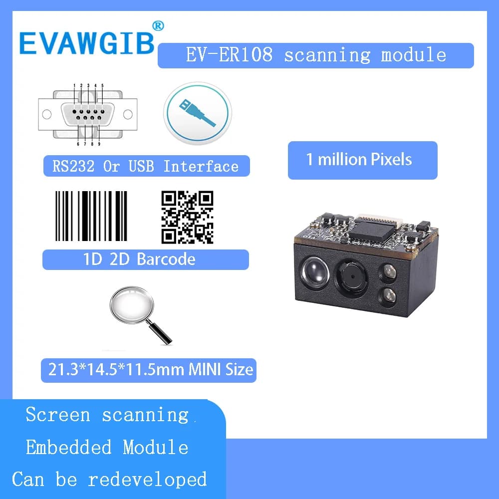 Module intégré bon marché de millions de Pixels, lecteur de codes à barres 1D 2D, Scanner de codes QR, Module de moteur de Scanner de codes à barres intégré OEM USB/TTL/232