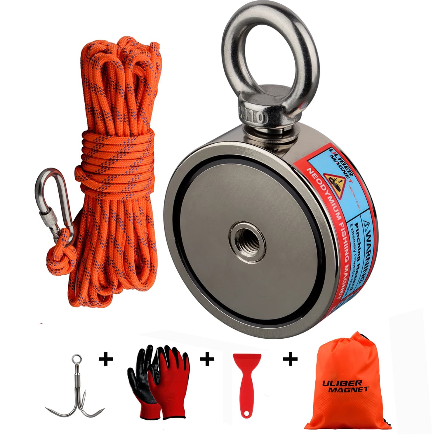 Kit de pêche magnétique Double face 300-500KG, aimants en néodyme, gants à griffes de corde, colle, sac de pelle en plastique, récupération magnétique, récupération
