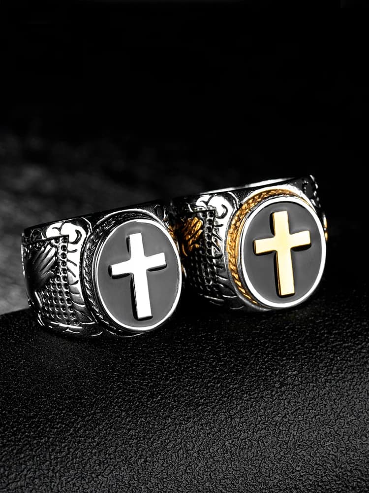 Bague croix en acier inoxydable pour homme, vintage, document en or, punk, hip hop, chrétien, motard, signet, bijoux, amulette, cadeau, vente en gros