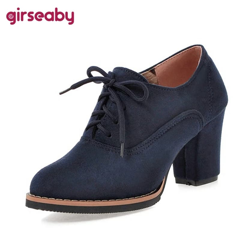 Girseaby 2021 Dames Rétro Pompes irritation ics Flock Dentelle Mariage Rond Parker 7.5CM nuits Talon Chaussures Size32-43 Noir Bleu Rouge A4468