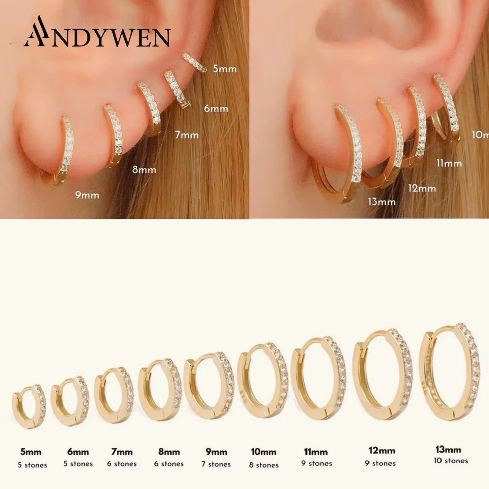 ANDYWEN 925 argent Sterling or Zircon CZ 5mm 6mm 7mm 8mm à 13mm Huggies cerceaux Piercing Pendiente Clips bijoux fins de luxe