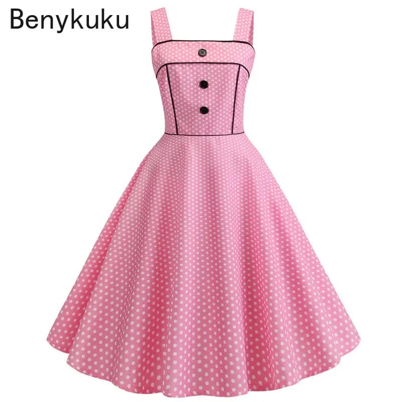 Robe d'été à pois rose vintage pour femmes, robe éducative Pin Up, robe de soirée années 50, Rockabilly, grande taille, robes de plage décontractées