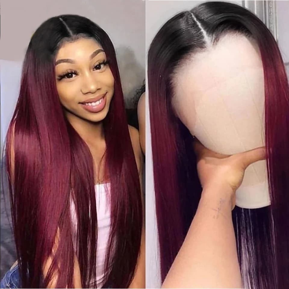 T1B/99J perruques de cheveux humains droites bordeaux T dentelle avant perruques cheveux humains brésilien Remy ombré dentelle frontale perruques pour les femmes HairUGo