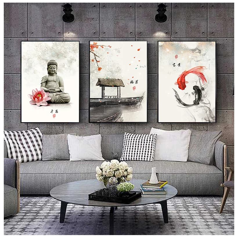 Affiche de peinture sur toile de bouddha pour salon, impression d'art mural, image sans cadre, fleurs d'encre de Chine, nouveau