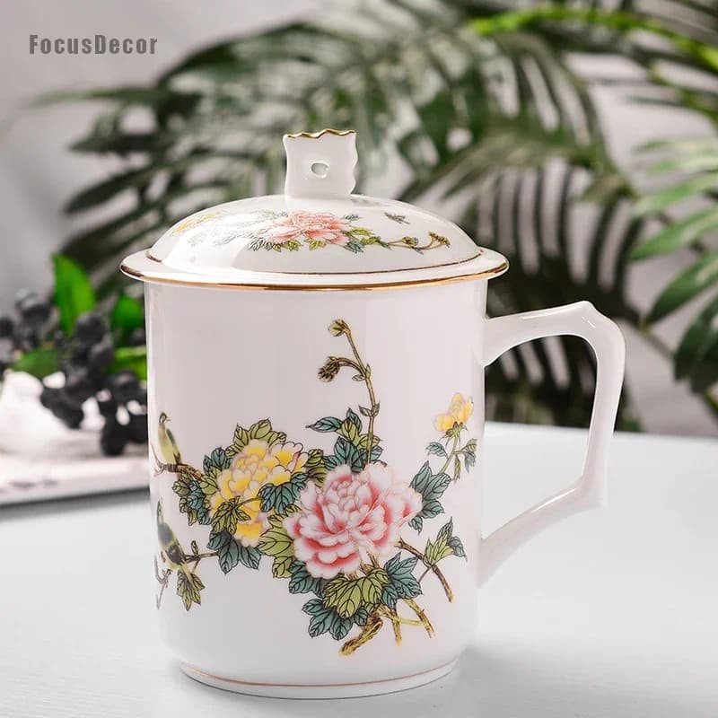 Tasse de Luxe en Porcelaine de Chine Fine Sophia, Grenade, Qualité Supérieure, Blanc, 16oz, 500ml avec Couvercle, Tasse en Céramique, Jardin à Expresso