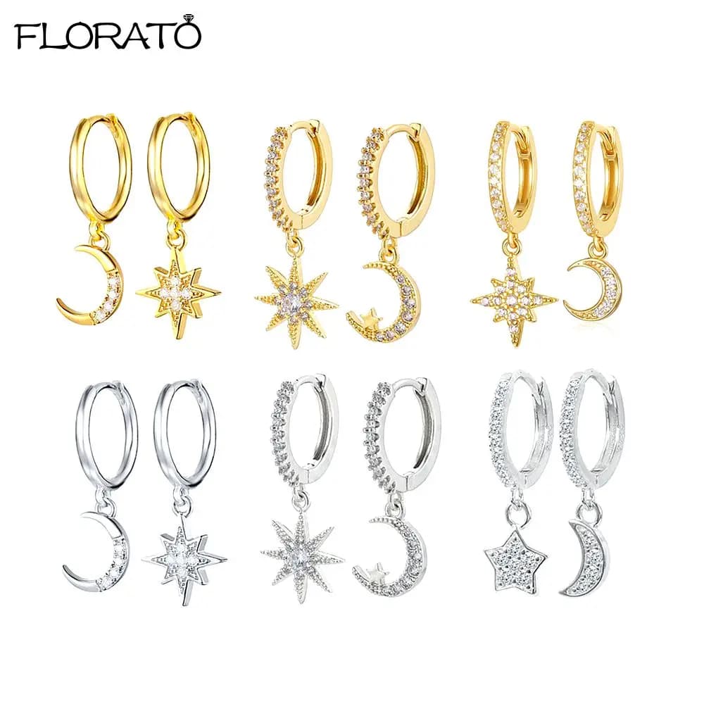 Boucles d'oreilles en argent Sterling 925 pour femmes, petites boucles d'oreilles étoile/lune, pendentif en cristal exquis, bijoux à la mode, cadeau