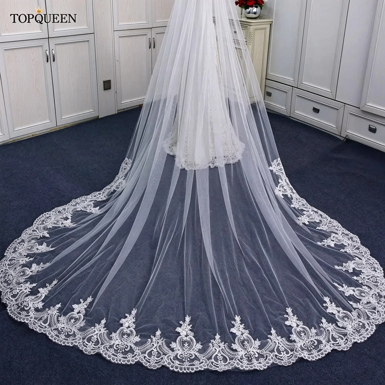 TOPCLS-Voile de mariage cathédrale avec peigne, voile de mariage français, tulle transparent, appliques de broderie en dentelle Alençon, EEN V73, 3m de long