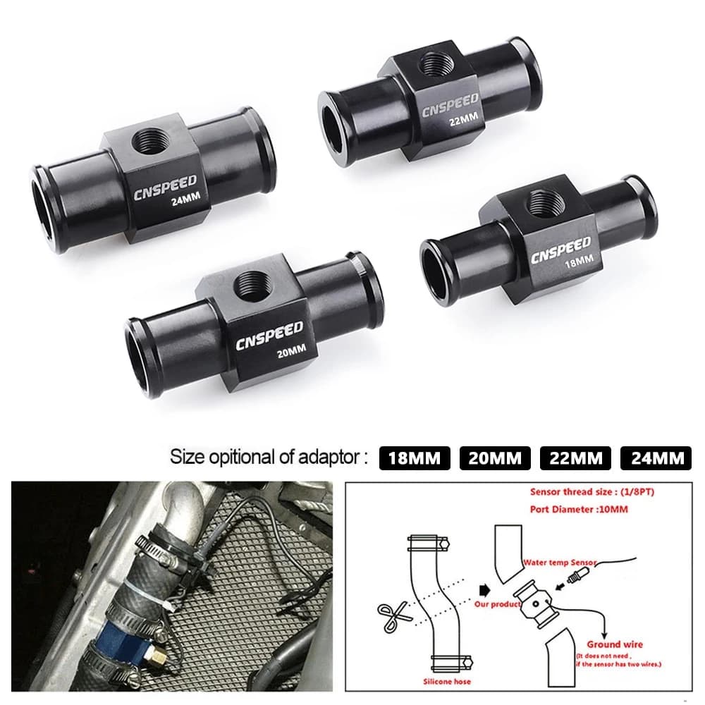 Adaptateur de raccord de tuyau de liquide de refroidissement noir pour capteur de température d'eau 1/8NPT 18mm 20mm 22mm 24mm