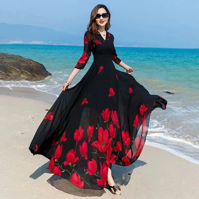 Nouvelle Robe Longue d'Été 2026 Coréenne en Chiffon Imprimé à Col en V pour Femme, Taille Cintrée, Coupe Ample et Fluide, Idéale pour la Plage