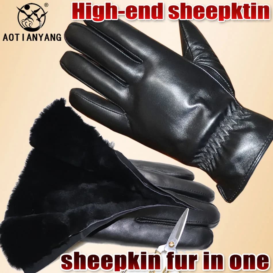 Gants en laine en cuir pour hommes et femmes, gants en peau de mouton résistants au froid et au chaud en hiver, gants en cuir à écran tactile, gants en fourrure véritable coupe-vent, nouvelle mode