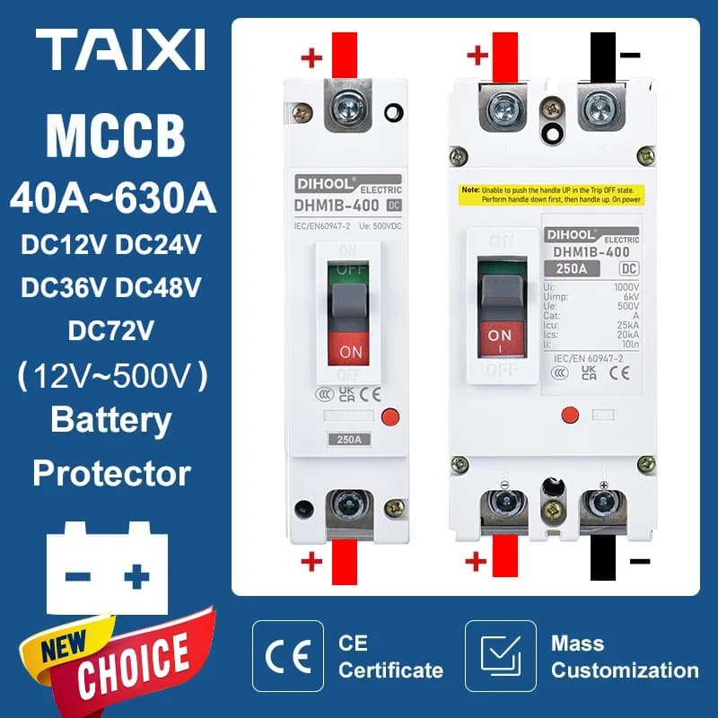Disjoncteur à boîtier moulé DC 12V 24V 48V 72V MCCB 250A, batterie 125A 100A 200A 300A 400A, protecteur de Pile de chargement de voiture TAIXI