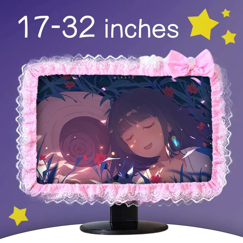Couverture de cadre d'ordinateur en tissu dentelle, couverture anti-poussière pour écran de moniteur avec stylo élastique, nœud de poche, décorations pour la maison