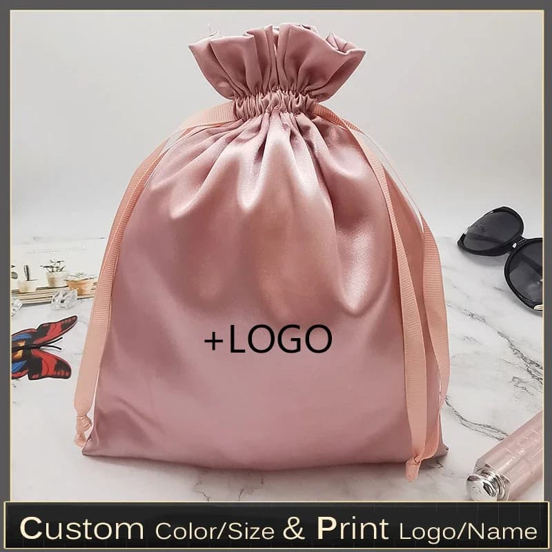 Sacs à cordon en satin de soie avec logo personnalisé, pour extensions, sacs à main, cosmétiques, chaussures, rangement de voyage, rangement domestique, sacs d'emballage, lot de 50 pièces