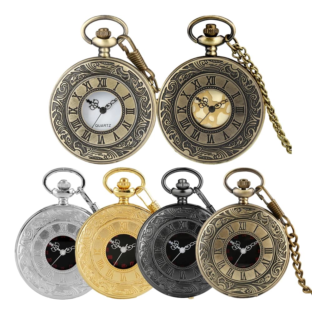 Steampunk Bronze/argent/noir/or chiffres romains couverture en Relief montres de poche à Quartz Fob chaîne collier pendentif horloge de poche
