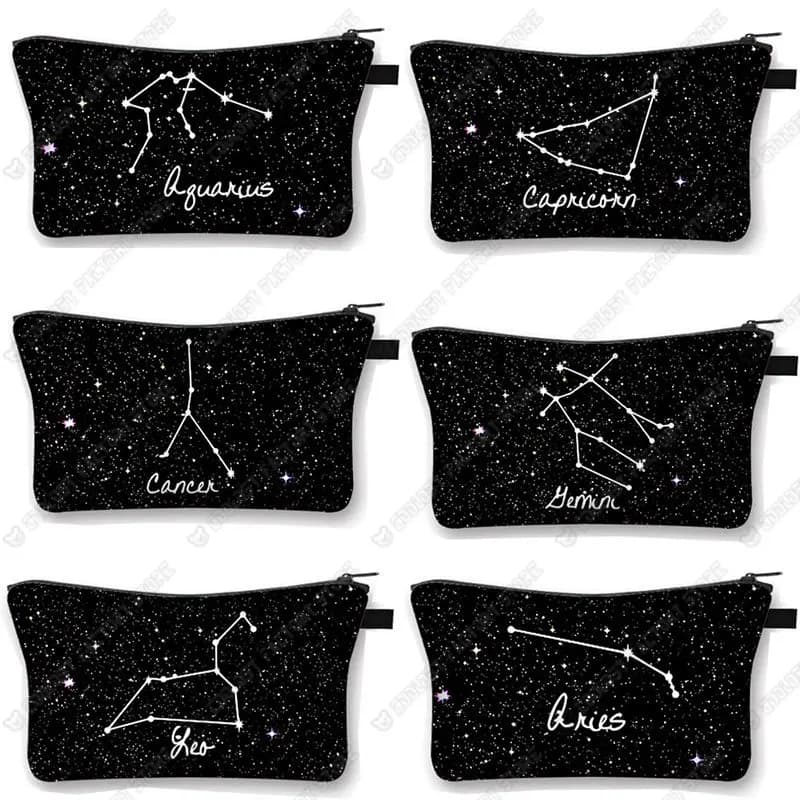 Sac à cosmétiques signe du zodiaque douze Constellations, trousse de maquillage de beauté pour femmes, pochette à fermeture éclair, sac à rouge à lèvres pour filles