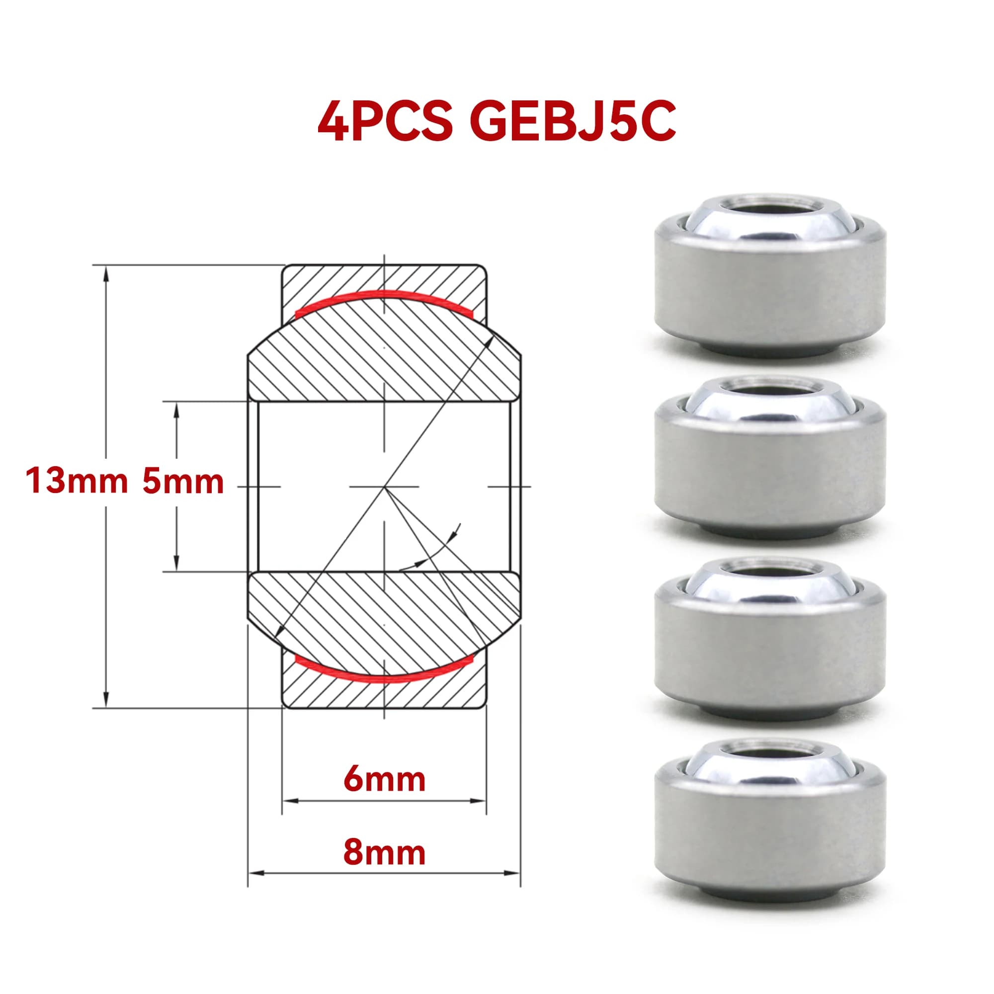 4 pièces de roulements radiaux sphériques GEBJ5C 5x13x8x6mm, roulement lisse sans entretien pour équipements de machinerie