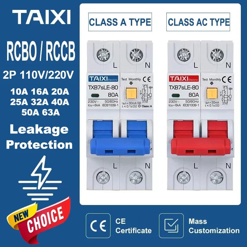 TAIXI RCBO RCCB Type A/AC disjoncteur à courant résiduel MCB 220V 110V 10A 16A 20A 32A 40A 63A 30mA 15mA Protection contre les fuites