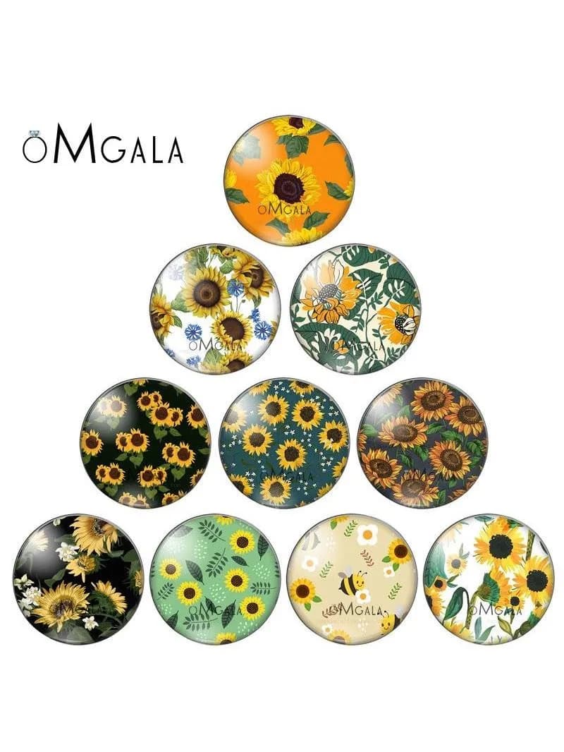 Cabochon en verre avec photo ronde, magnifiques motifs de tournesol, 12mm/14/16/18mm/20mm/25mm, 10 pièces